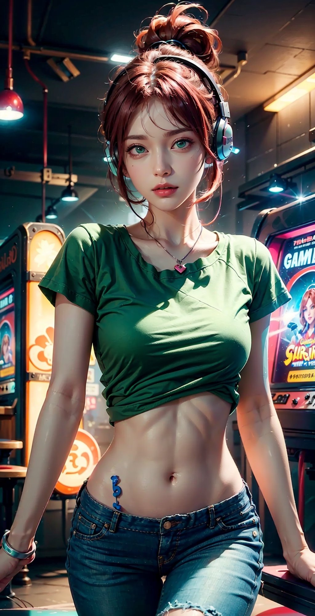 photography awards, masterpiece, red hair, green eyes, photorealistic, high resolution, soft light, pink t-shirt, Fitted top,  1women, solo, hips up, Gamer girl, Game center, arcade, shining skin, dynamic pose, bright, Game center background, high background detail, dim light, night, pink headphone