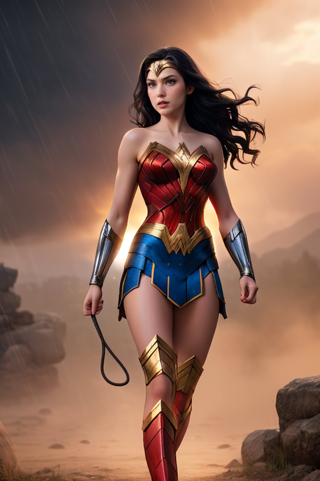 wonder woman, young model with long black hair, realistic skin, expressive black eyes, fine figure, cute latina appearance, dressed in wonder woman costume, stunningly beautiful, vibrant, photorealistic, backlit, movie like, light hair, with face of (gal galdot) with the whip of truth, (holding it) with a clear background image (in the middle of a battle) let it rain colored rain, with battle pose, full body, movie image