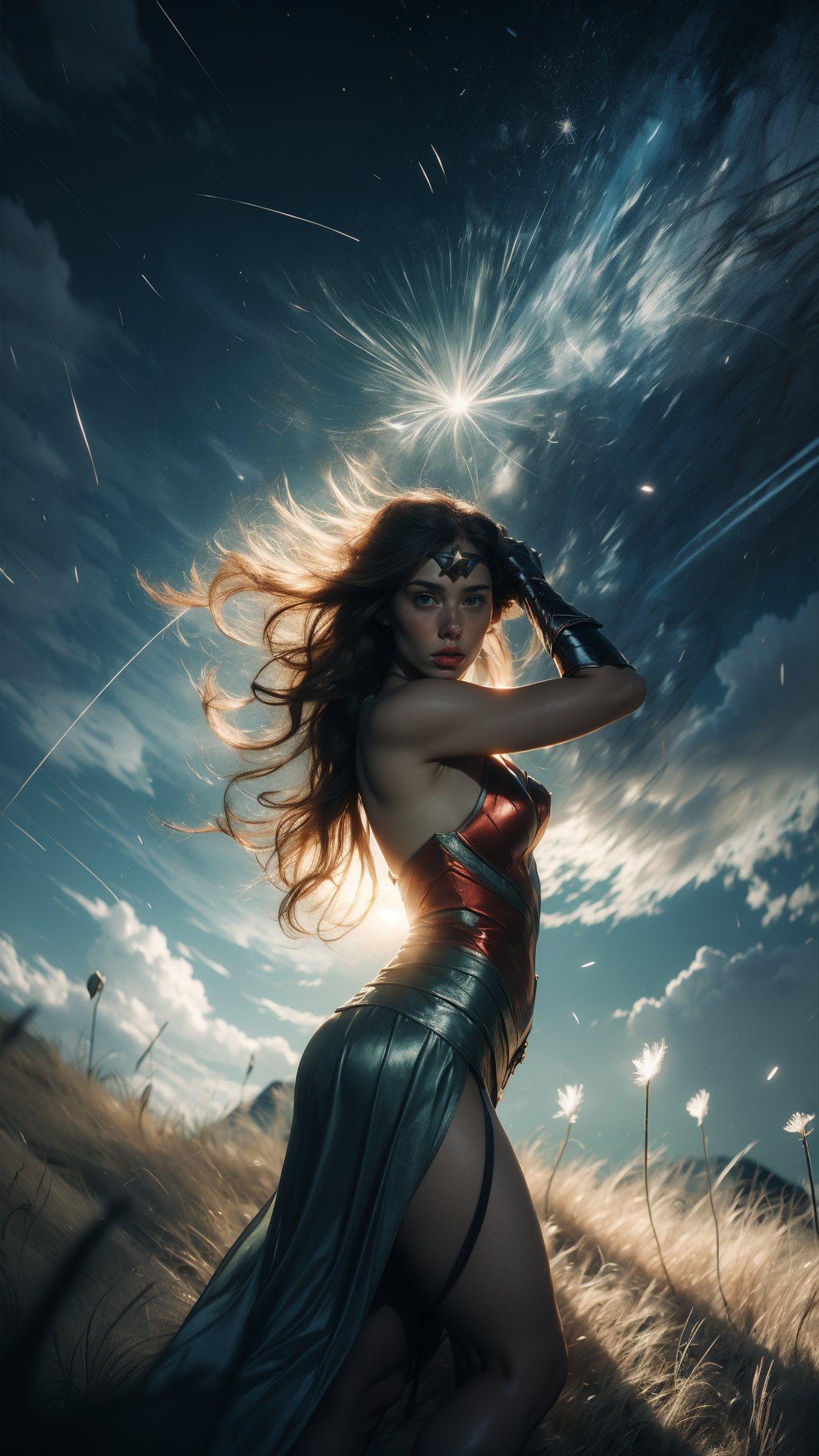 (long photo: 1.4) wonder woman in a dress (blowing a dandelion), field of dandelions, stars and moonbeams, colorful (photorealistic), nebula background, nebula theme, mixed exposure, body full shot, bokeh, (hdr:1.4), (wind:1.5), high contrast, (cinematic, teal and green:0.85), (muted colors, muted colors, soothing tones:1.3 ), low saturation, curvy body shape, EpicSky , cloud, curvy body shape