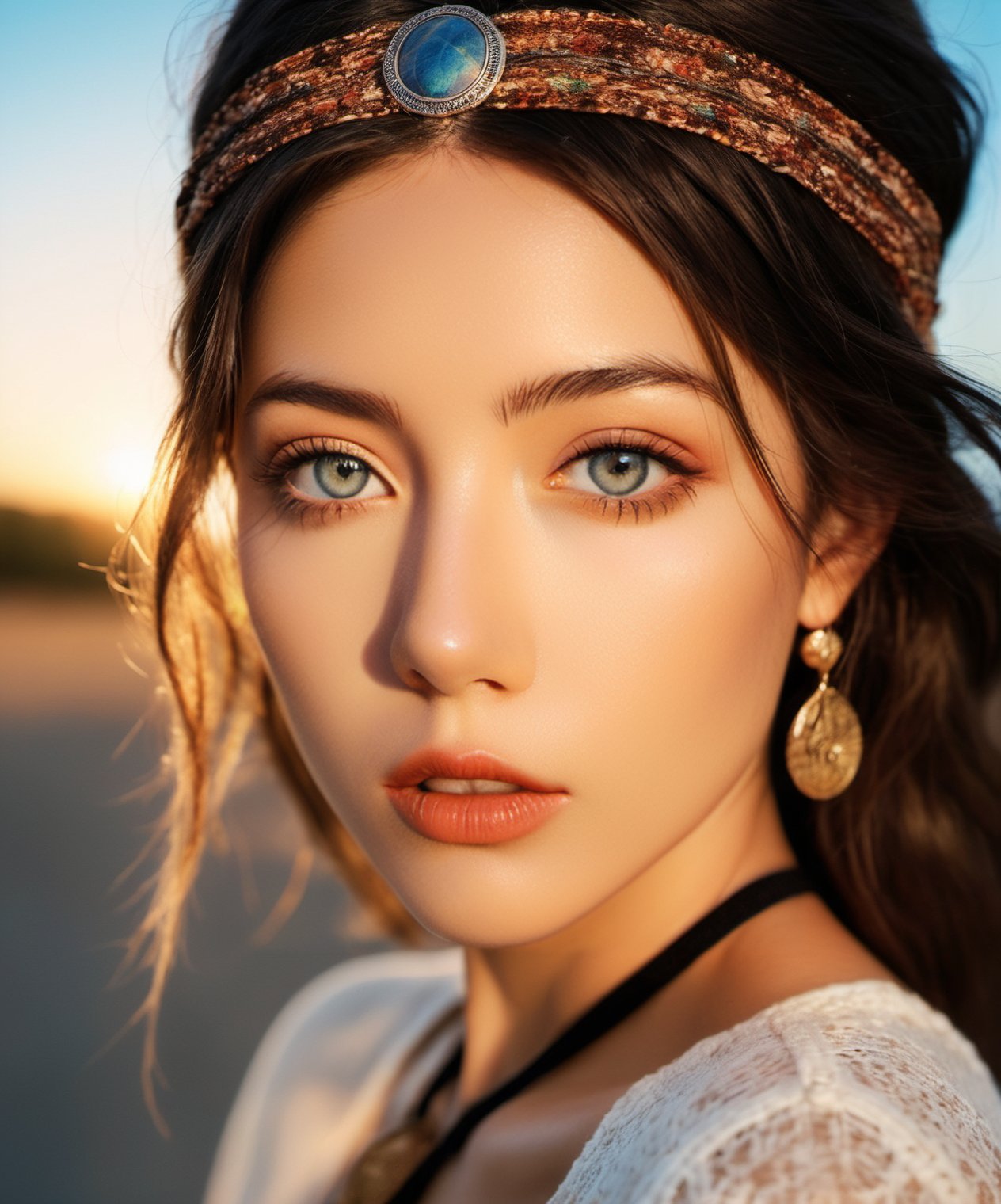 "half body wide angle professional portrait photo of a beautiful hippy woman, clear and detailed eyes, nature background at sunset, backlighting, fashion photography, centered, symmetrical, hasselblad helios 44-2 58mm F2, by Annie Leibovitz and Ellen von Unwerth"