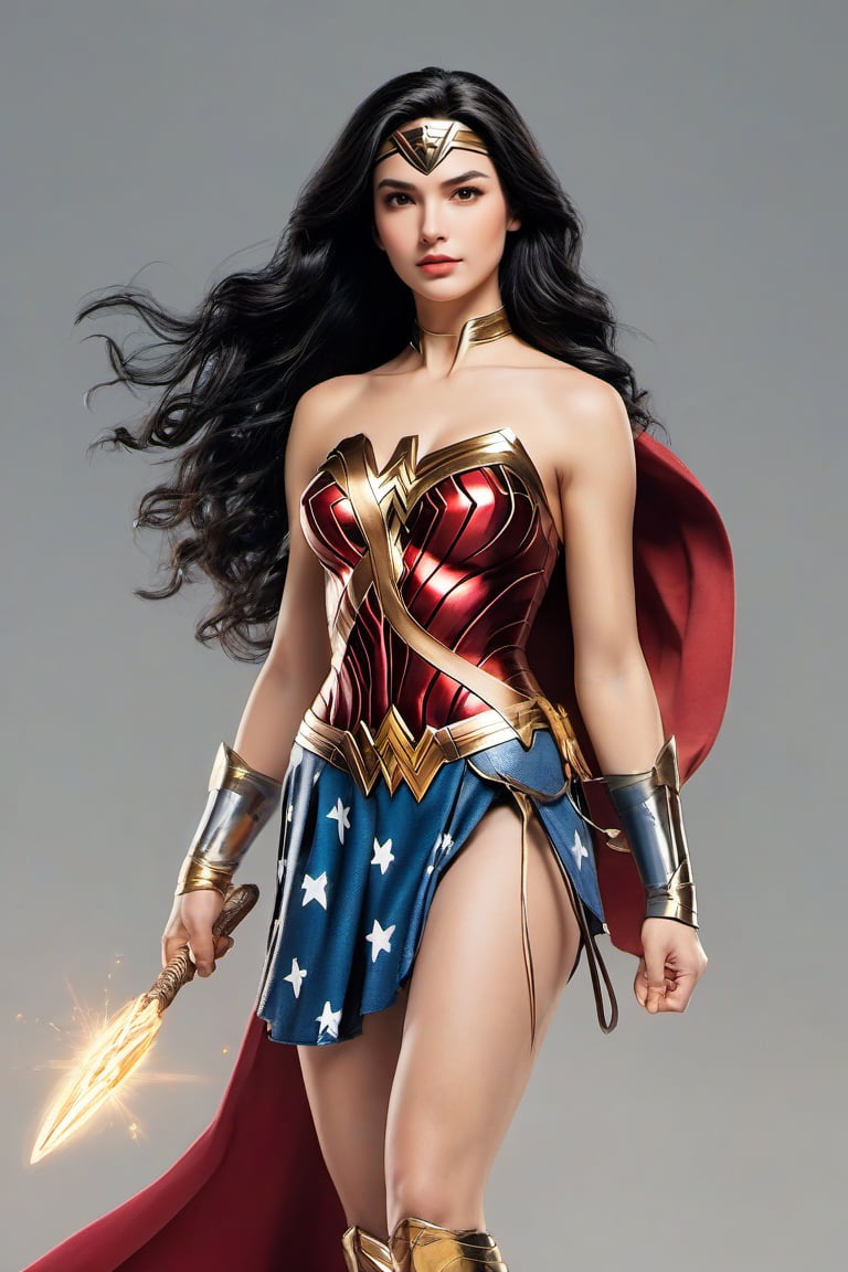 wonder woman, young model with long black hair, realistic skin, expressive black eyes, fine figure, cute latina appearance, dressed in wonder woman costume, stunningly beautiful, vibrant, photorealistic, backlit, movie like, light hair, with face of (gal galdot) with the whip of truth, (holding it) with a clear background image (in the middle of a battle) let it rain colored rain, with battle pose, full body, movie image