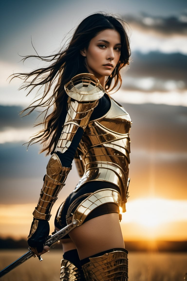 "Professional full body wide angle portrait of a beautiful bioandroid woman, half naked golden armor, in full battle, with an extra detailed weapon, powerful woman, warrior, clear and detailed eyes, and in the background another fallen warrior, sinister sunset background , backlit, film photography, centered, symmetrical, hasselblad helios 44-2 58 mm F2, by Annie Leibovitz and Ellen von Unwerth"xxmix_girl,portrait of a woman,polaroid,film, graininess,smile,cold,dark theme