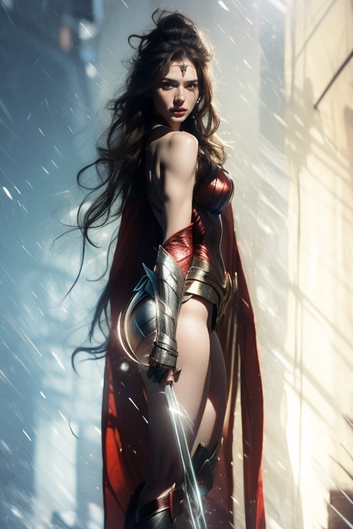 (long photo: 1.4)gal gadot actress, wonder woman in her golden armor (holding her whip of truth), field of tulip teeth, stars and moonbeams, colorful (photorealistic), nebula background, nebula theme, exposure mixed, full body shot, bokeh, (hdr:1.4), (wind:1.5), high contrast, (cinematic, teal and green:0.85), (muted colors, muted colors, soft tones :1,3), low saturation, curvy body shape, EpicSky, cloud, curvy body shape