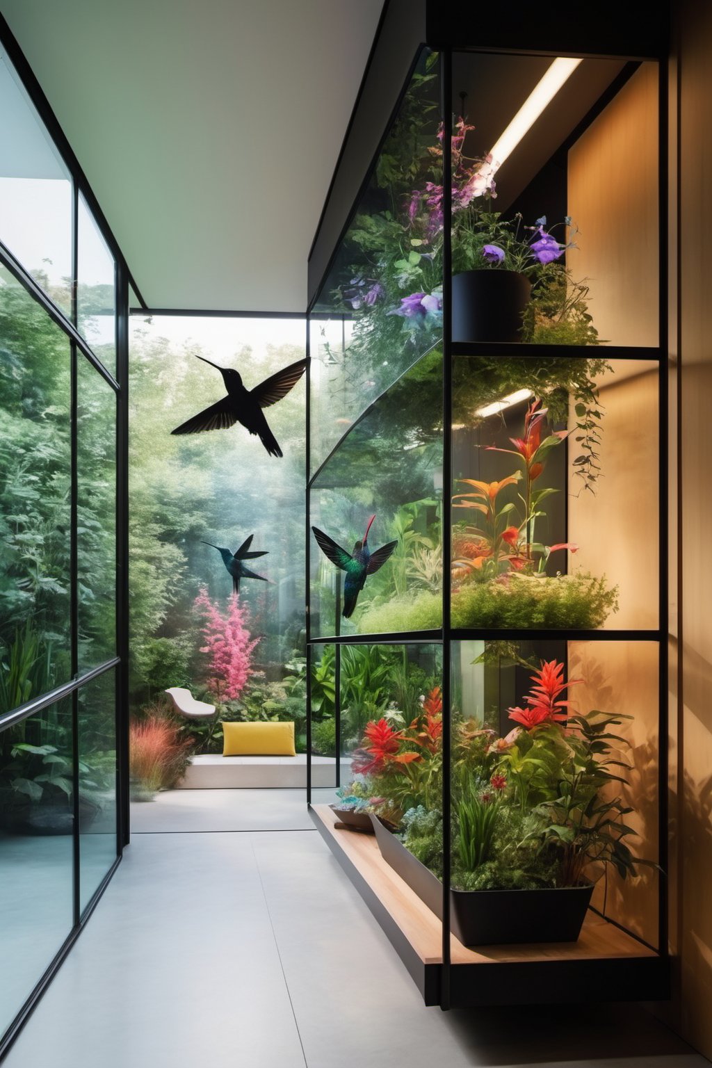 a garden inside a floating room, glass wall background, multicolored plants, sharp resolution, adorned with hummingbirds