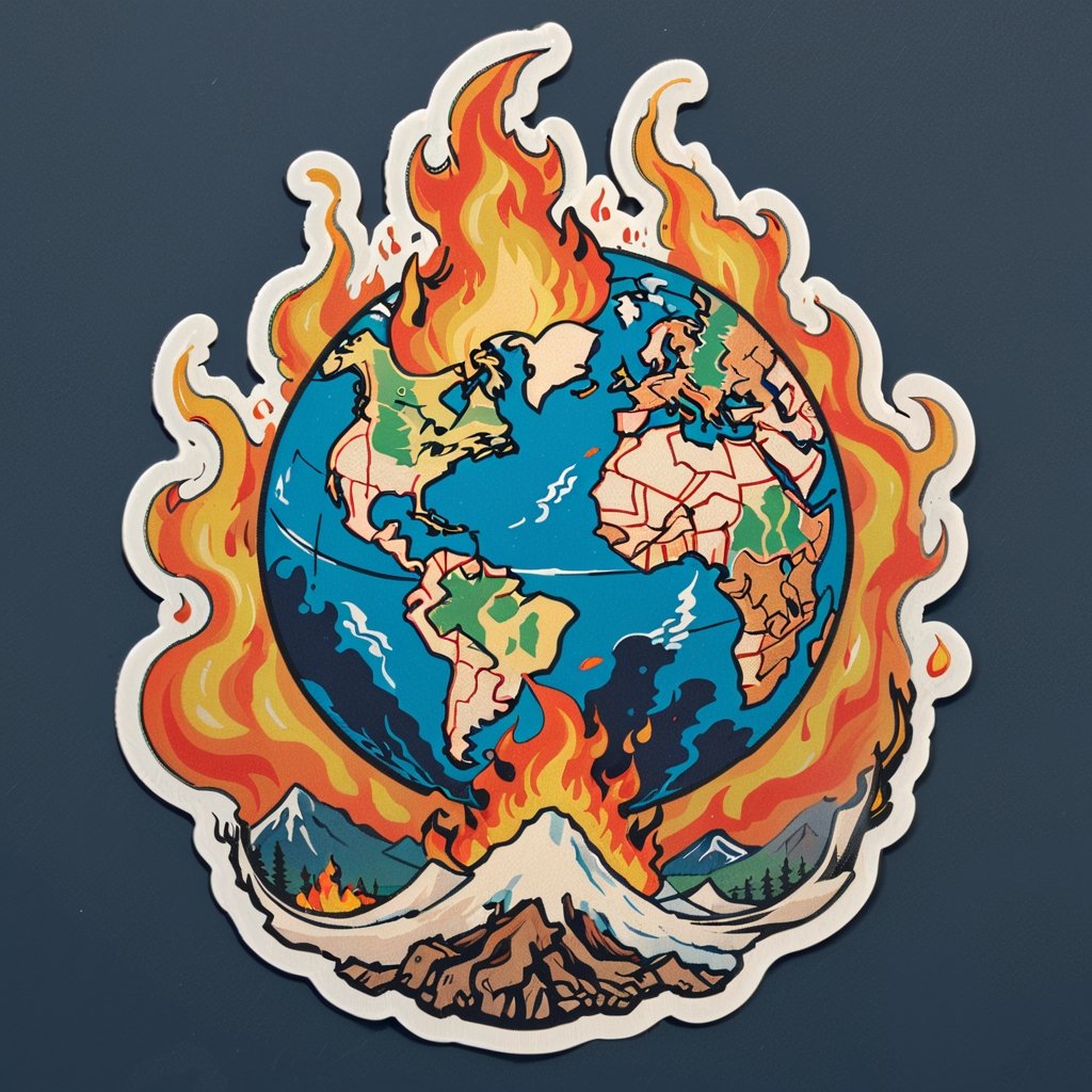 High quality, 4k, masterpiece, sticker, vector, one large iconic sticker, badge, flat color, minimalist,  world on flame,  high detail, Ukiyo-e,Leonardo Style,more detail XL, 