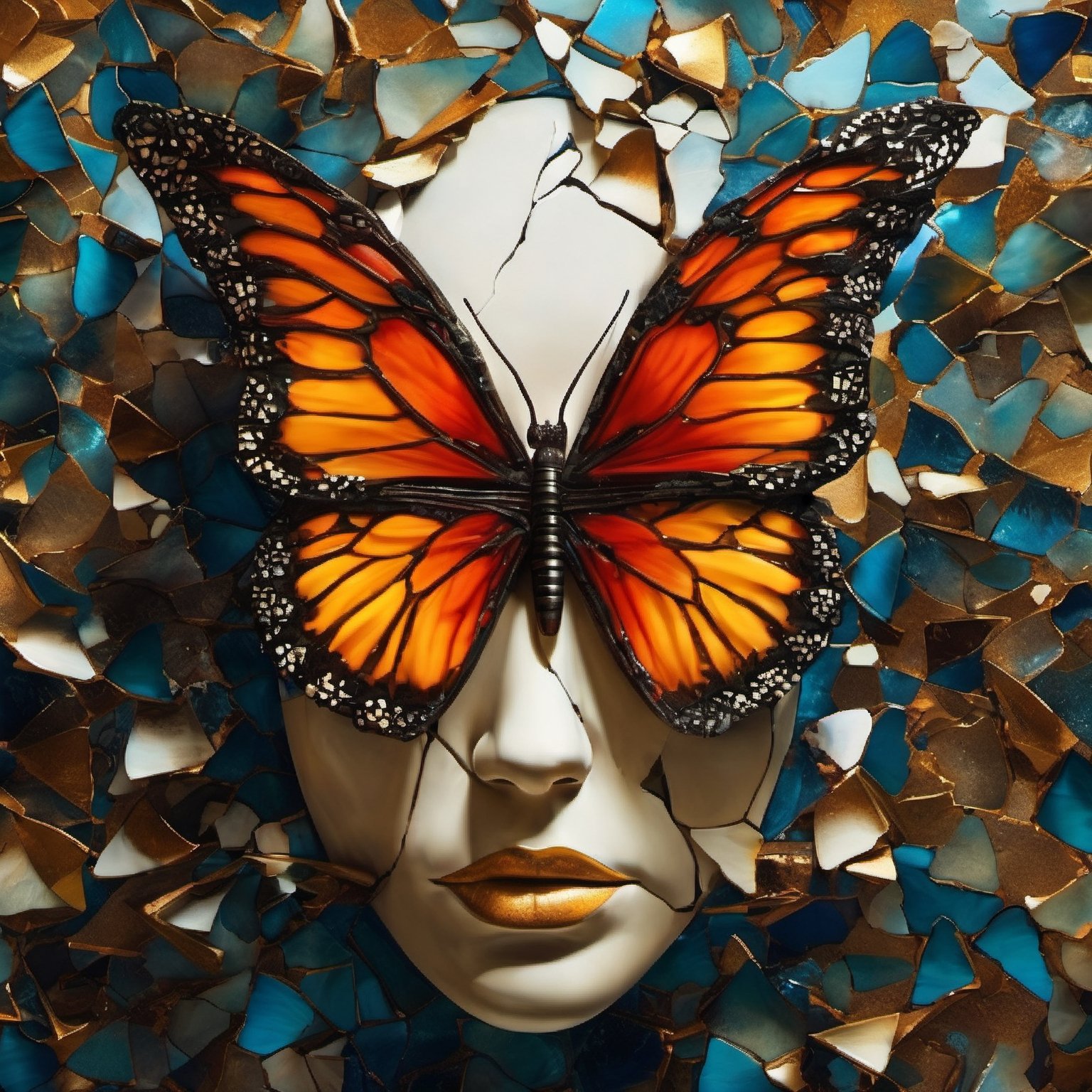 a closeup of a painting of a butterfly with broken wings, cracked porcelain body, fragmented abstract portrait, nicolas delort, surreal dark art, stefan gesell, shattered, dark schizophrenia portrait, inspired by Igor Morski, shattered abstractions, broken mirror , broken mirror composition, shattered wall, 4k symmetrical portrait, glass face, Detailface, Detaileyes