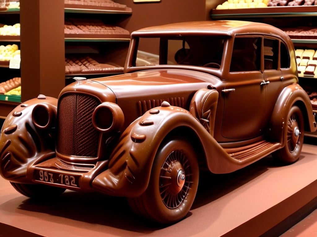 Photo, realistic, a chocolate Bentley car from the 1920s parked on the street, very detailed, chocolate a little melted by the heat of the sun, chocolate, displayed in a large chocolate candy store
