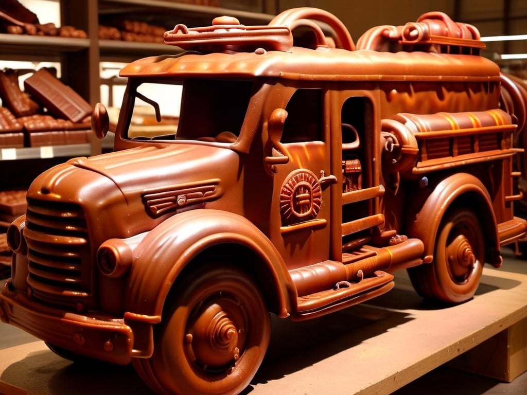 Photo, realistic, a chocolate fire truck from the 1920s, very detailed, chocolate a little melted by the heat of the sun, chocolate, displayed in a large chocolate candy warehouse