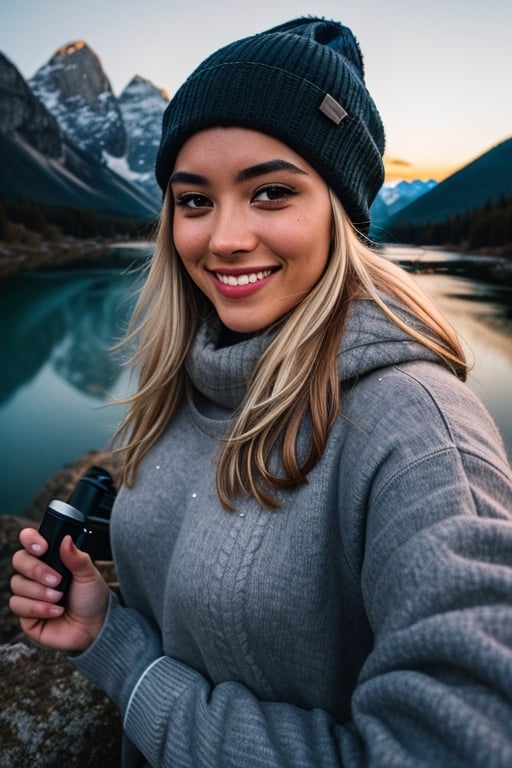 photorealistic, best quality, hyper detailed, beautiful woman, big smile, selfie photo, upper body, solo, wearing pullover, outdoors, (night), mountains, real life nature, stars, moon, (cheerful, happy), sleeping bag, gloves, sweater, beanie, flashlight, forest, rocks, river, wood, smoke, fog, clear sky, analog style, looking at viewer, skin texture, film grain, close up, ultra high res, best shadow, RAW, instagram LUT,drow,FFIXBG,day