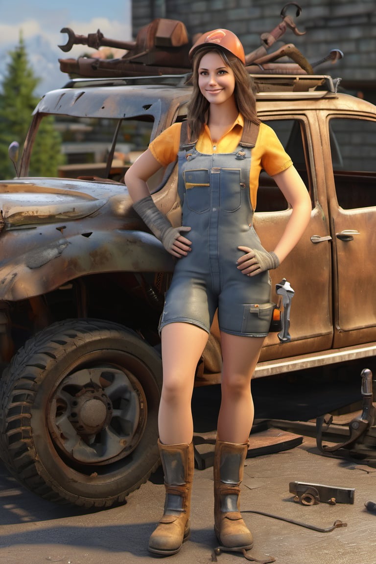 3D style,(masterpiece, best_quality, ultra-detailed:1.3), epic,3d render, 1girl, female, nude, big tits, mechanic, standing on one leg on the roof of a broken down car, overalls, oil smudge on face, spanner in hand, holding spanner, garage, car, work gloves, smiling, wide smile