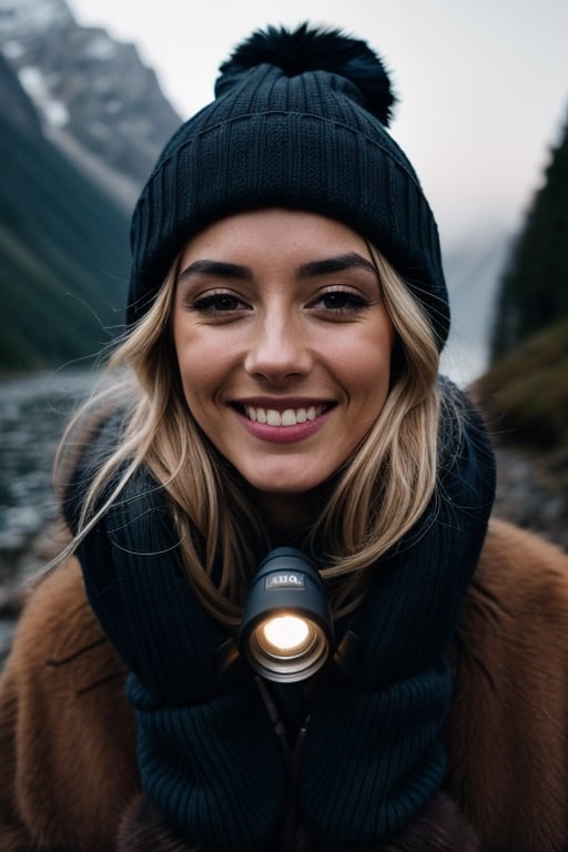 photorealistic, best quality, hyper detailed, beautiful woman, big smile, selfie photo, upper body, solo, wearing pullover, outdoors, (night), mountains, real life nature, stars, moon, (cheerful, happy), sleeping bag, gloves, sweater, beanie, flashlight, forest, rocks, river, wood, smoke, fog, clear sky, analog style, looking at viewer, skin texture, film grain, close up, ultra high res, best shadow, RAW, instagram LUT,drow,FFIXBG,day