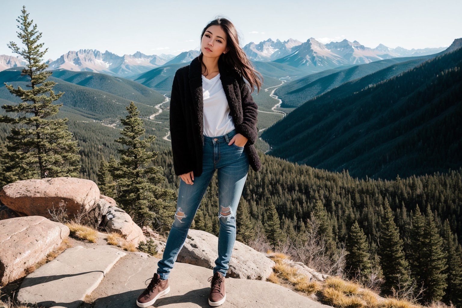 masterpiece, best quality, 1 girl, a beautiful 25 year old American girl, blue colored eyes, the outfit is full of colors, full body, standing by the rocky mountains cliff, blurred, bokeh, sunlight, looking to the viewer, contrast, contrapposto, exposure mix, medium shot, 8k hdr, high contrast, cinematic, muted colors, relaxing tones, low saturation, random hairstyle