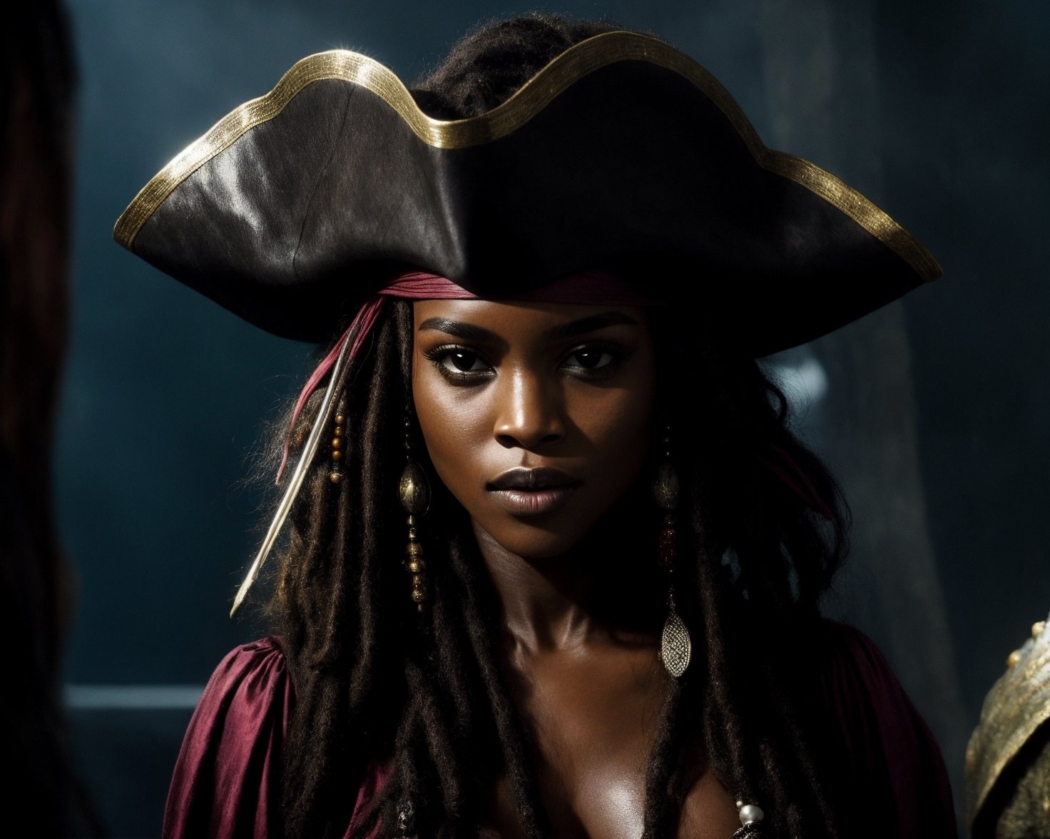 from pirates of the caribbean ,,  photo of a gorgeous black woman, dark-skinned goddess,Pirates of the Caribbean