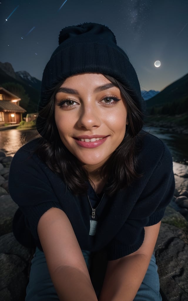 photorealistic, best quality, hyper detailed, beautiful woman, big smile, selfie photo, upper body, solo, wearing pullover, outdoors, (night), mountains, real life nature, stars, moon, (cheerful, happy), sleeping bag, gloves, sweater, beanie, flashlight, forest, rocks, river, wood, smoke, fog, clear sky, analog style, looking at viewer, skin texture, film grain, close up, ultra high res, best shadow, RAW, instagram LUT,drow,FFIXBG,day