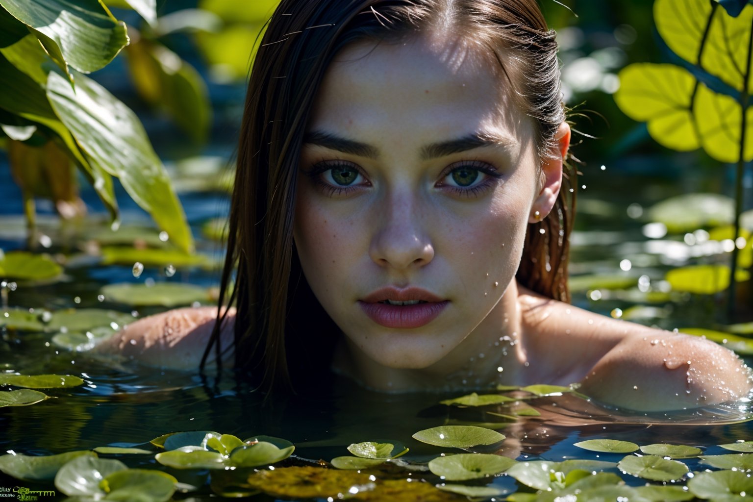 (very detailed close-up photography), cinematic colors, texture, film grain, (a sexy young woman: 1.2), swimming, (blonde: 0.7), naughty look, naked. embraced by (some aquatic plants: 1.4), in an alien brackish liquid lake, intricate extraterrestrial environment, dark vibes, vibrant and hyper-detailed colors, epic composition, official art, Unity 8k wallpaper, ultra detailed, beautiful and Aesthetics, masterpiece , The best quality.