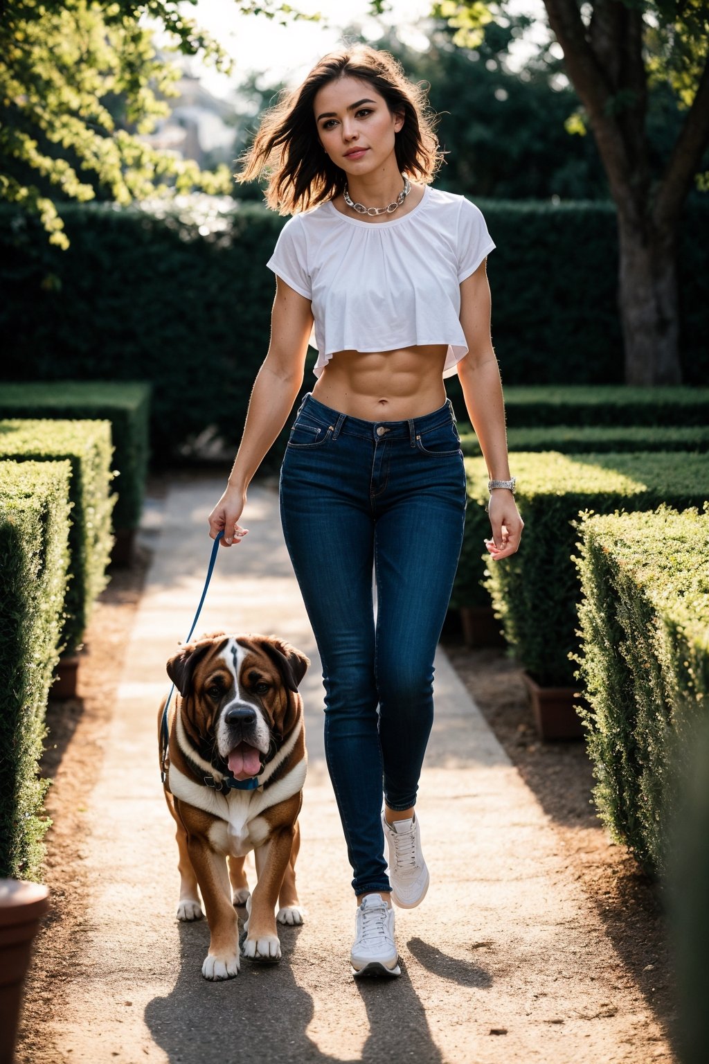 masterpiece,best quality,1girl,a beautiful,25years old American girl, muscular,Sparkling blue eyes,random_hair style,full body,Show off your six-pack muscles,,Running on a leash of a St.Bernard biggest dog in the garden,blurry,bokeh,sun light,looking at viewer,contrast,contrapposto,exposure blend,medium shot,bokeh,8k hdr,high contrast,cinematic,muted colors,dim colors,soothing tones,low saturation