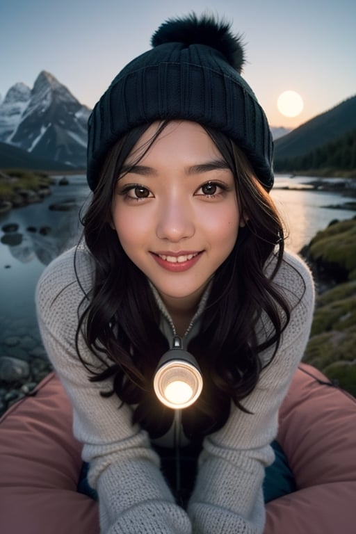 photorealistic, best quality, hyper detailed, beautiful woman, big smile, selfie photo, upper body, solo, wearing pullover, outdoors, (night), mountains, real life nature, stars, moon, (cheerful, happy), sleeping bag, gloves, sweater, beanie, flashlight, forest, rocks, river, wood, smoke, fog, clear sky, analog style, looking at viewer, skin texture, film grain, close up, ultra high res, best shadow, RAW, instagram LUT,drow,FFIXBG,day