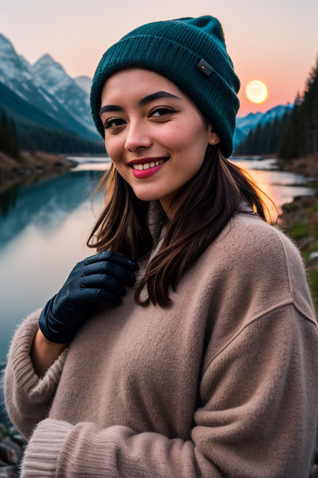 photorealistic, best quality, hyper detailed, beautiful woman, big smile, selfie photo, upper body, solo, wearing pullover, outdoors, (night), mountains, real life nature, stars, moon, (cheerful, happy), sleeping bag, gloves, sweater, beanie, flashlight, forest, rocks, river, wood, smoke, fog, clear sky, analog style, looking at viewer, skin texture, film grain, close up, ultra high res, best shadow, RAW, instagram LUT,drow,FFIXBG,day