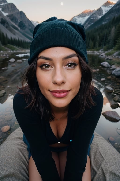 photorealistic, best quality, hyper detailed, beautiful woman, big smile, selfie photo, upper body, solo, wearing pullover, outdoors, (night), mountains, real life nature, stars, moon, (cheerful, happy), sleeping bag, gloves, sweater, beanie, flashlight, forest, rocks, river, wood, smoke, fog, clear sky, analog style, looking at viewer, skin texture, film grain, close up, ultra high res, best shadow, RAW, instagram LUT,drow,FFIXBG,day