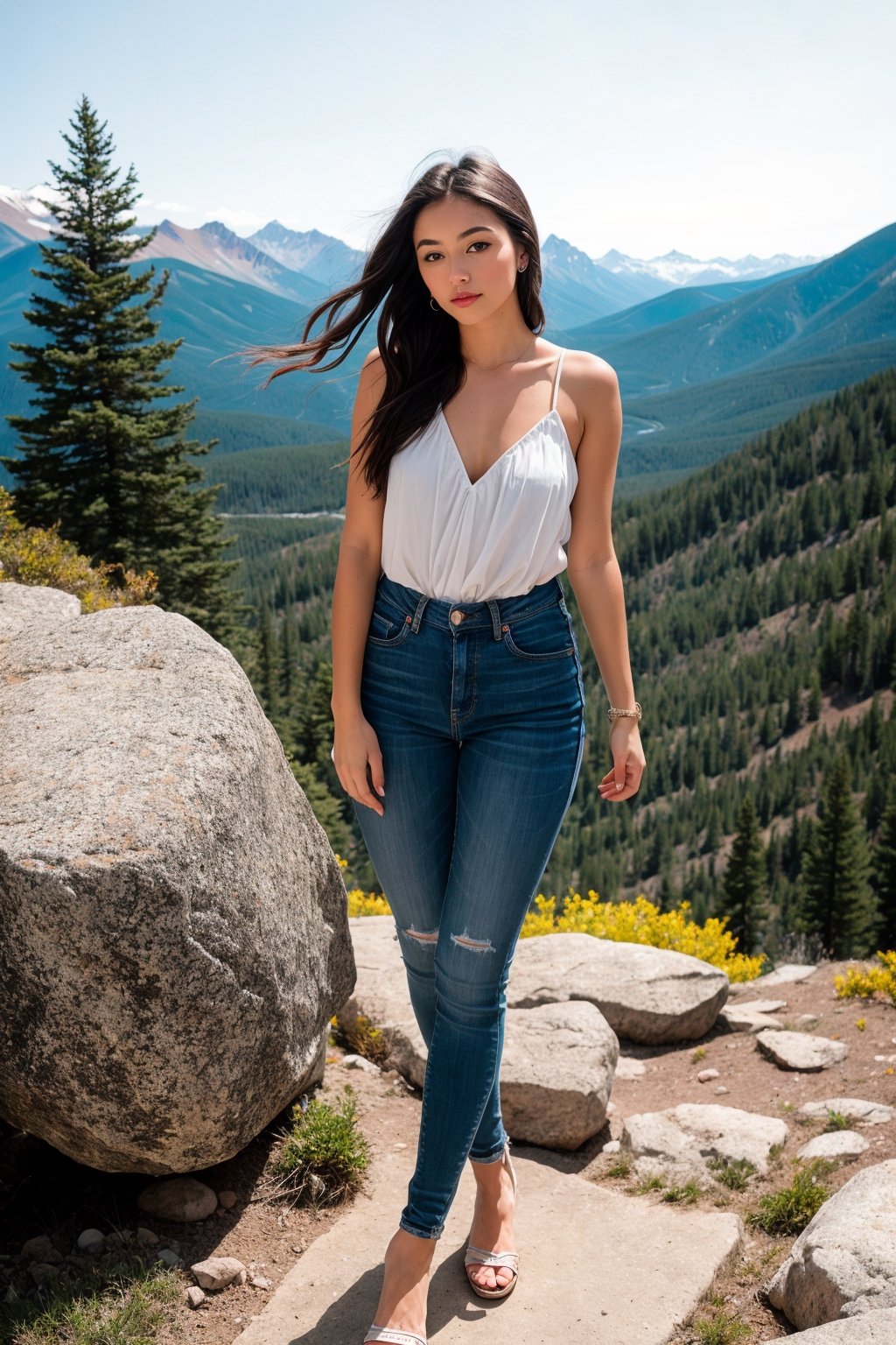 masterpiece, best quality, 1 girl, a beautiful 25 year old American girl, blue colored eyes, the outfit is full of colors, full body, standing by the rocky mountains cliff, blurred, bokeh, sunlight, looking to the viewer, contrast, contrapposto, exposure mix, medium shot, 8k hdr, high contrast, cinematic, muted colors, relaxing tones, low saturation, random hairstyle