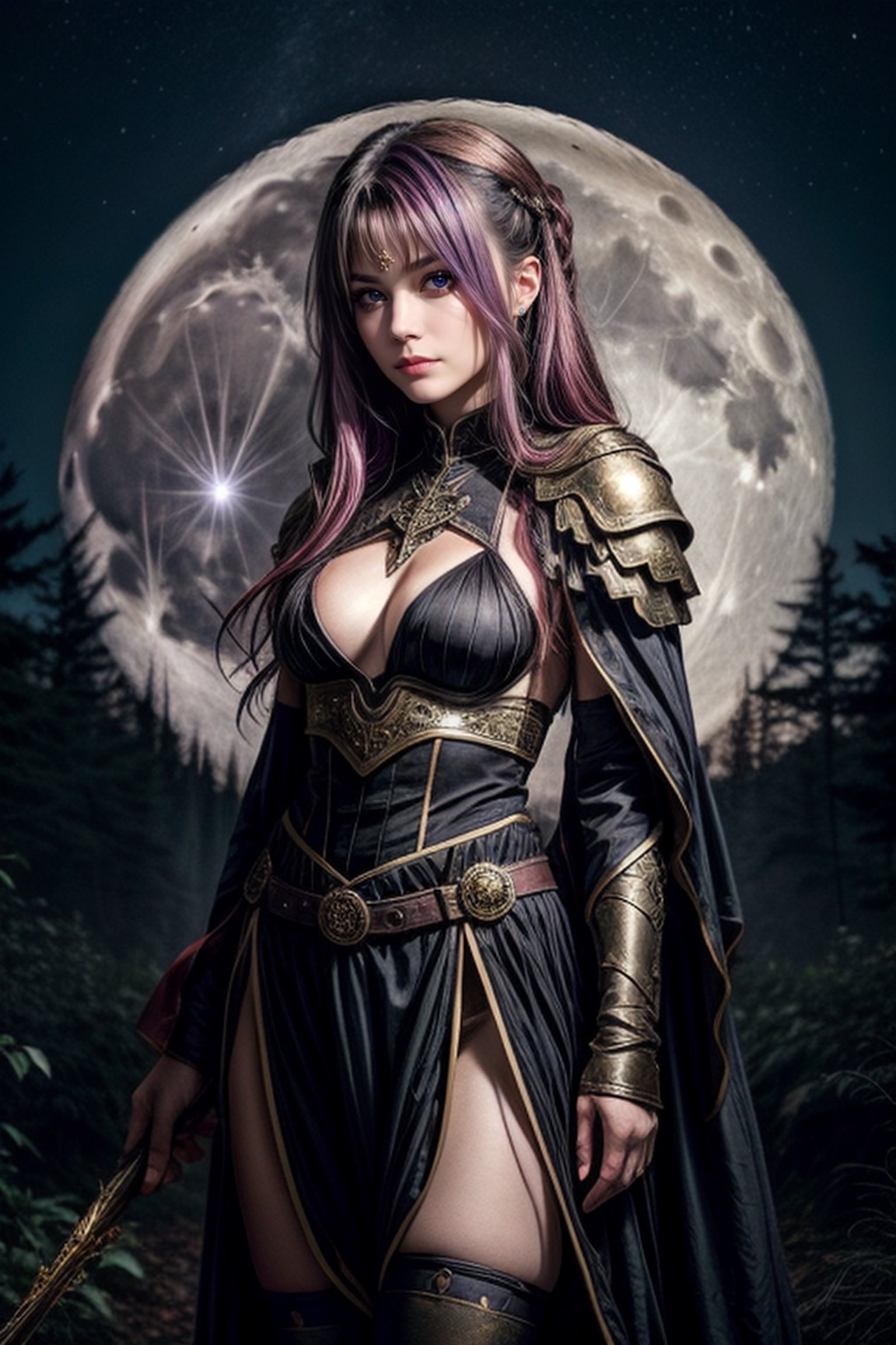 An intense anime girl with bronze-colored hair and black eyes, in a dark warrior's costume. She stands in an enchanted forest, the full moon lighting up her determined eyes.

