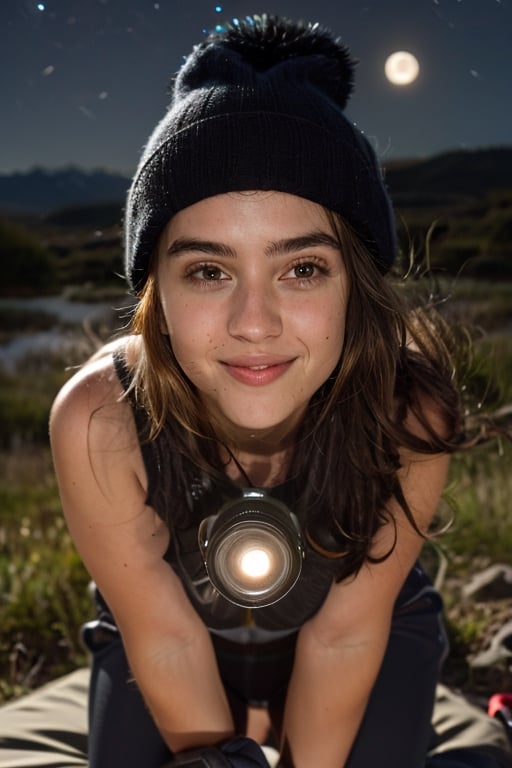 photorealistic, best quality, hyper detailed, beautiful woman, big smile, selfie photo, upper body, solo, wearing pullover, outdoors, (night), mountains, real life nature, stars, moon, (cheerful, happy), sleeping bag, gloves, sweater, beanie, flashlight, forest, rocks, river, wood, smoke, fog, clear sky, analog style, looking at viewer, skin texture, film grain, close up, ultra high res, best shadow, RAW, instagram LUT,drow,FFIXBG,day