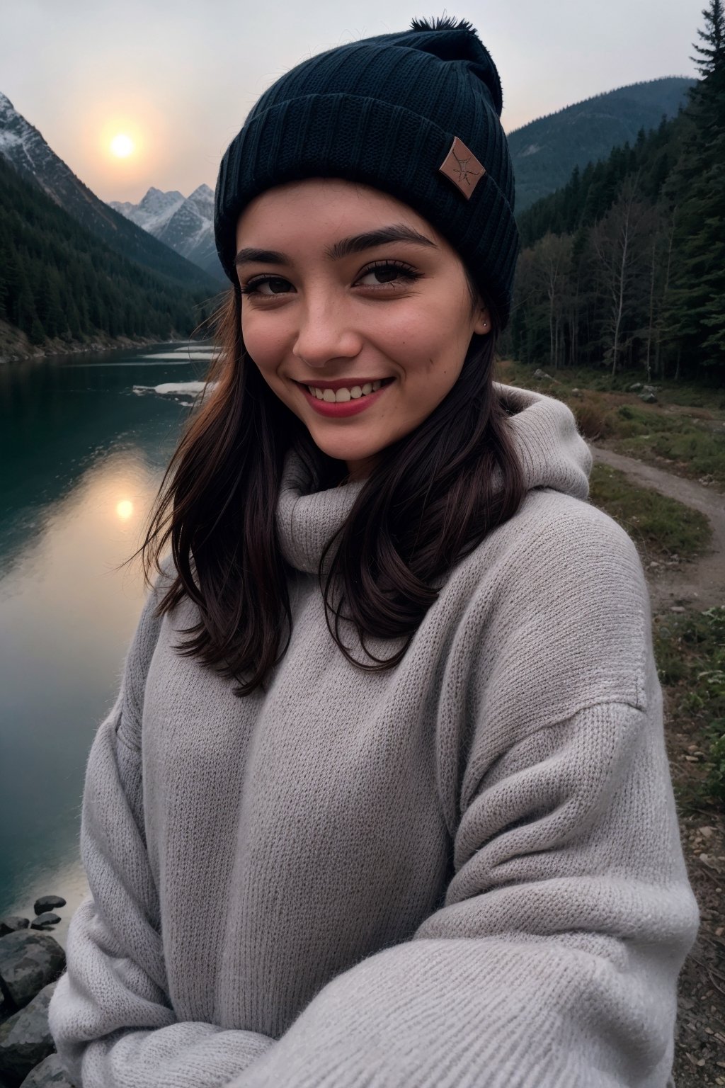 photorealistic, best quality, hyper detailed, beautiful woman, big smile, selfie photo, upper body, solo, wearing pullover, outdoors, (night), mountains, real life nature, stars, moon, (cheerful, happy), sleeping bag, gloves, sweater, beanie, flashlight, forest, rocks, river, wood, smoke, fog, clear sky, analog style, looking at viewer, skin texture, film grain, close up, ultra high res, best shadow, RAW, instagram LUT,drow,FFIXBG,day