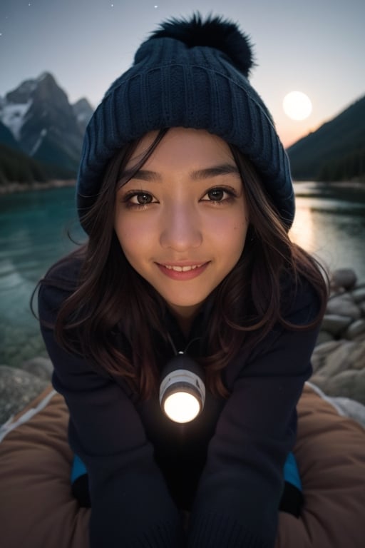 photorealistic, best quality, hyper detailed, beautiful woman, big smile, selfie photo, upper body, solo, wearing pullover, outdoors, (night), mountains, real life nature, stars, moon, (cheerful, happy), sleeping bag, gloves, sweater, beanie, flashlight, forest, rocks, river, wood, smoke, fog, clear sky, analog style, looking at viewer, skin texture, film grain, close up, ultra high res, best shadow, RAW, instagram LUT,drow,FFIXBG,day