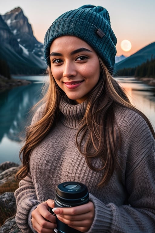 photorealistic, best quality, hyper detailed, beautiful woman, big smile, selfie photo, upper body, solo, wearing pullover, outdoors, (night), mountains, real life nature, stars, moon, (cheerful, happy), sleeping bag, gloves, sweater, beanie, flashlight, forest, rocks, river, wood, smoke, fog, clear sky, analog style, looking at viewer, skin texture, film grain, close up, ultra high res, best shadow, RAW, instagram LUT,drow,FFIXBG,day