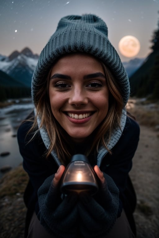 photorealistic, best quality, hyper detailed, beautiful woman, big smile, selfie photo, upper body, solo, wearing pullover, outdoors, (night), mountains, real life nature, stars, moon, (cheerful, happy), sleeping bag, gloves, sweater, beanie, flashlight, forest, rocks, river, wood, smoke, fog, clear sky, analog style, looking at viewer, skin texture, film grain, close up, ultra high res, best shadow, RAW, instagram LUT,drow,FFIXBG,day