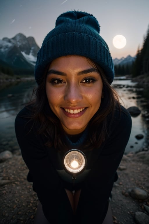photorealistic, best quality, hyper detailed, beautiful woman, big smile, selfie photo, upper body, solo, wearing pullover, outdoors, (night), mountains, real life nature, stars, moon, (cheerful, happy), sleeping bag, gloves, sweater, beanie, flashlight, forest, rocks, river, wood, smoke, fog, clear sky, analog style, looking at viewer, skin texture, film grain, close up, ultra high res, best shadow, RAW, instagram LUT,drow,FFIXBG,day