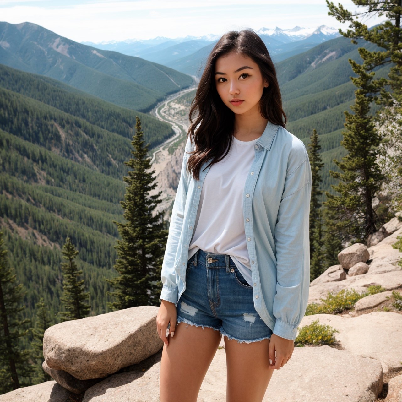 masterpiece, best quality, 1 girl, a beautiful 25 year old American girl, blue colored eyes, the outfit is full of colors, full body, standing by the rocky mountains cliff, blurred, bokeh, sunlight, looking to the viewer, contrast, contrapposto, exposure mix, medium shot, 8k hdr, high contrast, cinematic, muted colors, relaxing tones, low saturation, random hairstyle