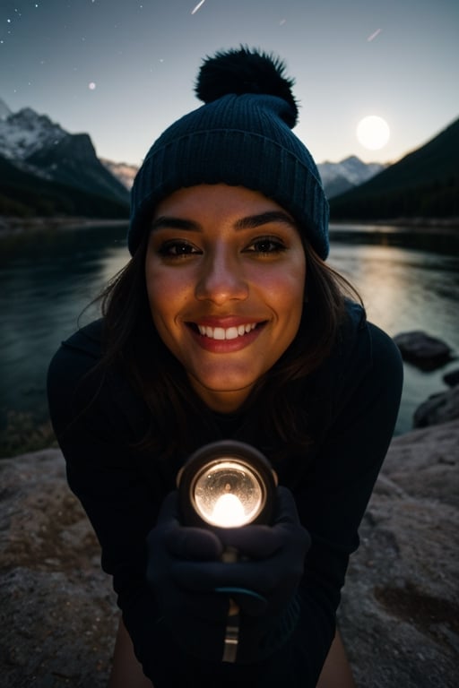 photorealistic, best quality, hyper detailed, beautiful woman, big smile, selfie photo, upper body, solo, wearing pullover, outdoors, (night), mountains, real life nature, stars, moon, (cheerful, happy), sleeping bag, gloves, sweater, beanie, flashlight, forest, rocks, river, wood, smoke, fog, clear sky, analog style, looking at viewer, skin texture, film grain, close up, ultra high res, best shadow, RAW, instagram LUT,drow,FFIXBG,day