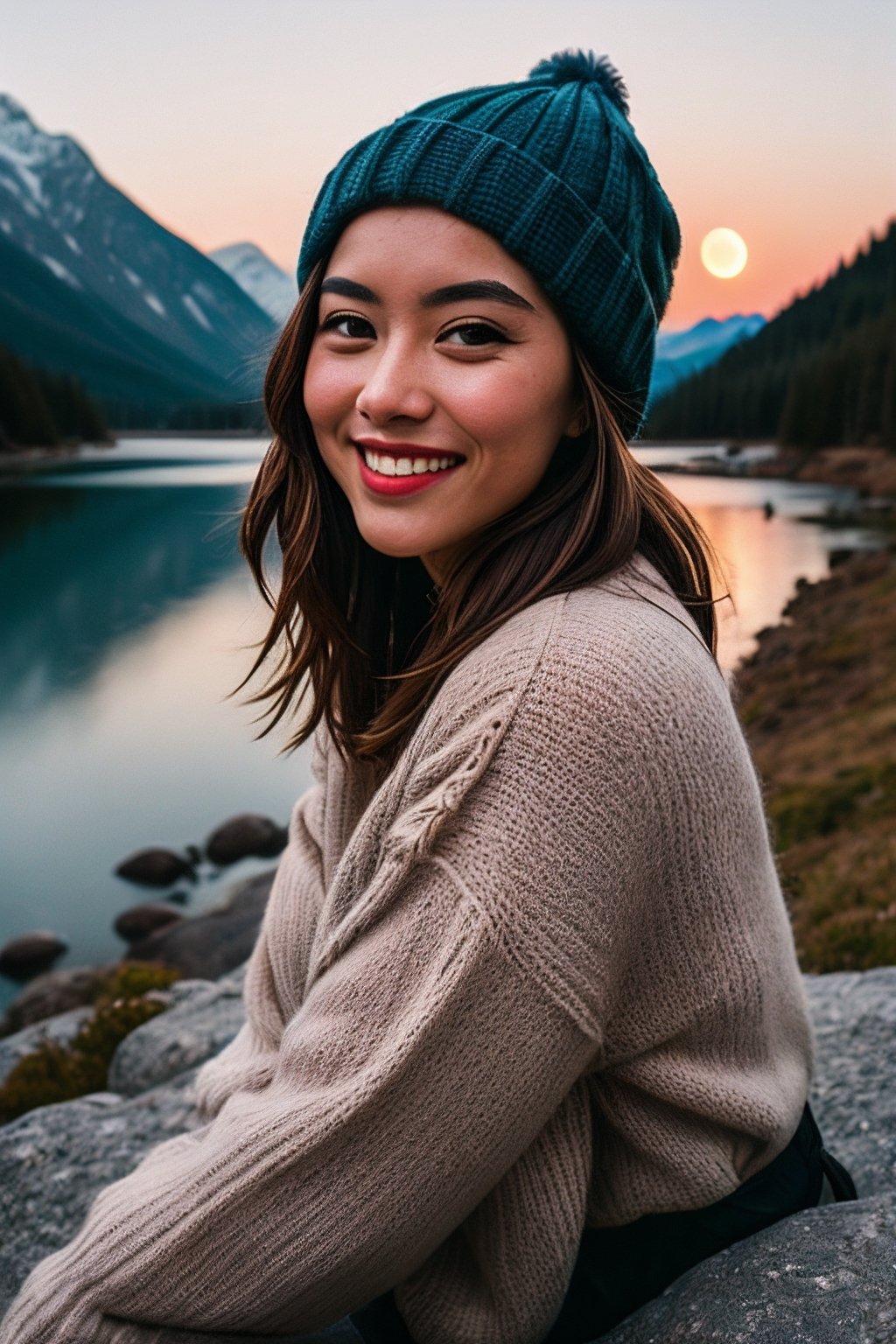 photorealistic, best quality, hyper detailed, beautiful woman, big smile, selfie photo, upper body, alone, wearing sweater, outdoors, (night), mountains, real life nature, stars, moon, (happy, happy) , gloves, hat, flashlight on top of a rock, forest, rocks, river, wood, smoke, fog, clear sky, analog style, looking at viewer, facing viewer, skin texture, film grain, close-up , ultra high resolution, best shadow, RAW, instagram LUT