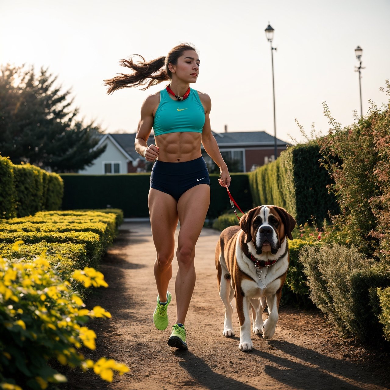 masterpiece,best quality,1girl,a beautiful,25years old American girl, muscular,Sparkling blue eyes,random_hair style,full body,Show off your six-pack muscles,,Running on a leash of a St.Bernard biggest dog in the garden,blurry,bokeh,sun light,looking at viewer,contrast,contrapposto,exposure blend,medium shot,bokeh,8k hdr,high contrast,cinematic,muted colors,dim colors,soothing tones,low saturation