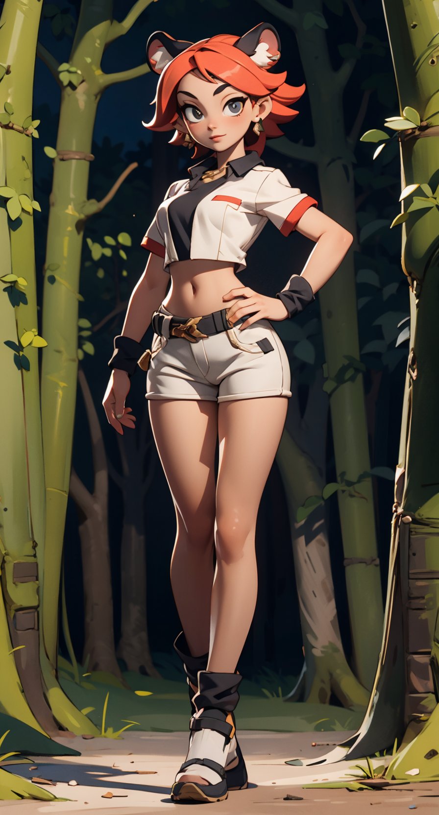 (masterpiece, best quality), 1girl, menace, tiger, full body, midriff,, 3DMM, (forest),3DMM