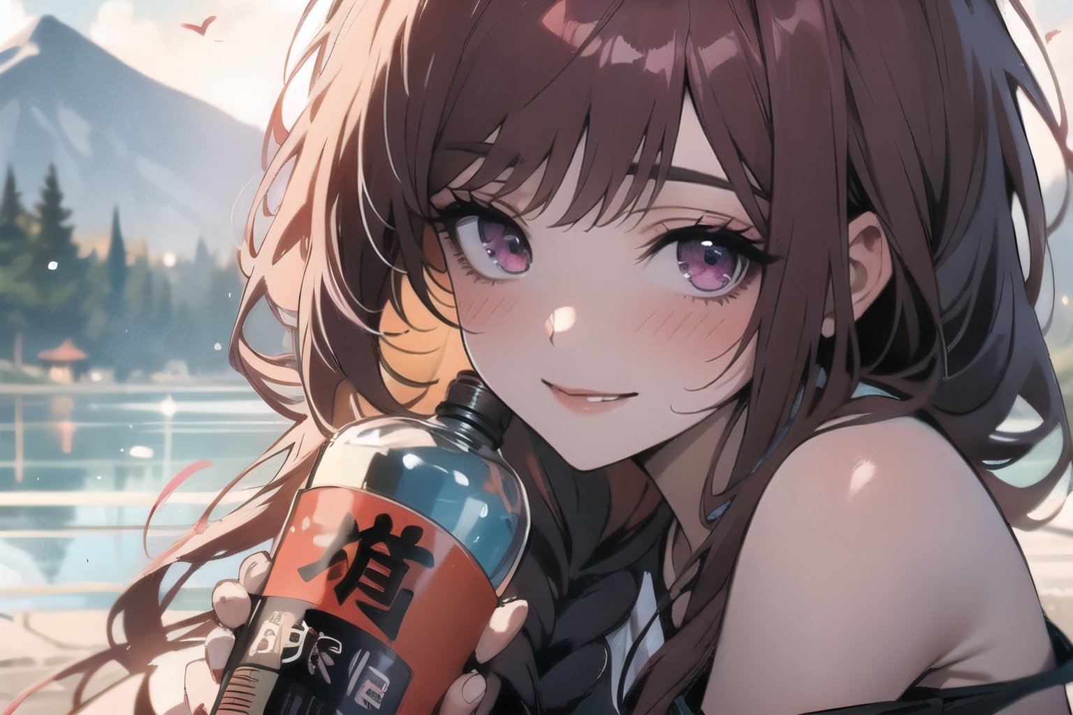 dark pink hair, braided ponytail, bangs,  strap slip, bare shoulders, black ribbon, blushing,  smiling, looking at viewer, scenery, sitting, alcohol, bottle, best quality, ultra high res, 1 girl,dark pink eyes,chinese_clothes,midjourney portrait