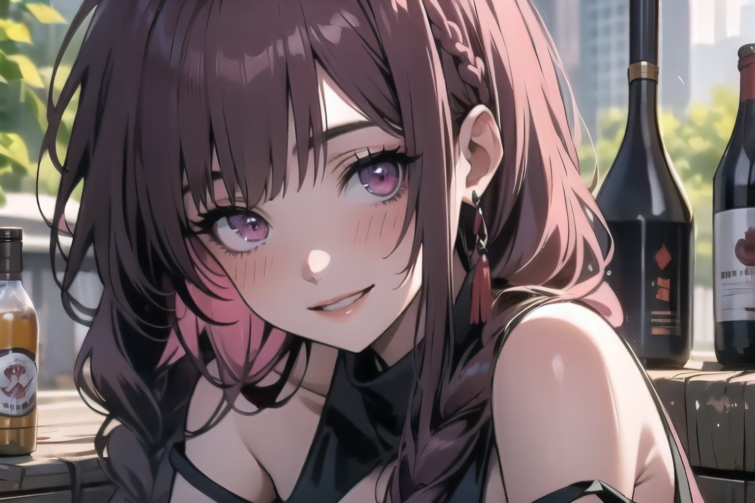 dark pink hair, braided ponytail, bangs,  strap slip, bare shoulders, black ribbon, blushing,  smiling, looking at viewer, scenery, sitting, alcohol, bottle, best quality, ultra high res, 1 girl,dark pink eyes,chinese_clothes,midjourney portrait