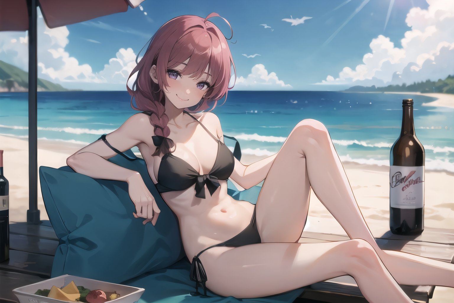 dark pink hair, braided ponytail, bangs,  strap slip, bare shoulders, black ribbon, blushing,  smiling, looking at viewer, scenery, sitting, alcohol, bottle, best quality, ultra high res, 1 girl,bikini,beach,navel,dark pink eyes