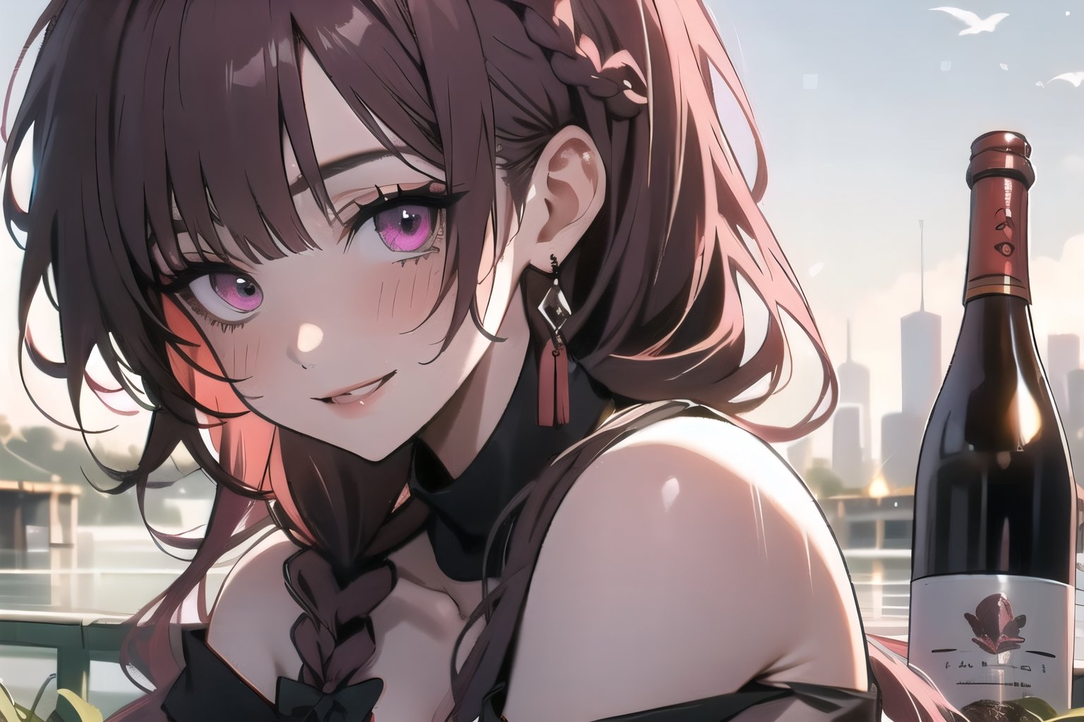 dark pink hair, braided ponytail, bangs,  strap slip, bare shoulders, black ribbon, blushing,  smiling, looking at viewer, scenery, sitting, alcohol, bottle, best quality, ultra high res, 1 girl,dark pink eyes,chinese_clothes,midjourney portrait