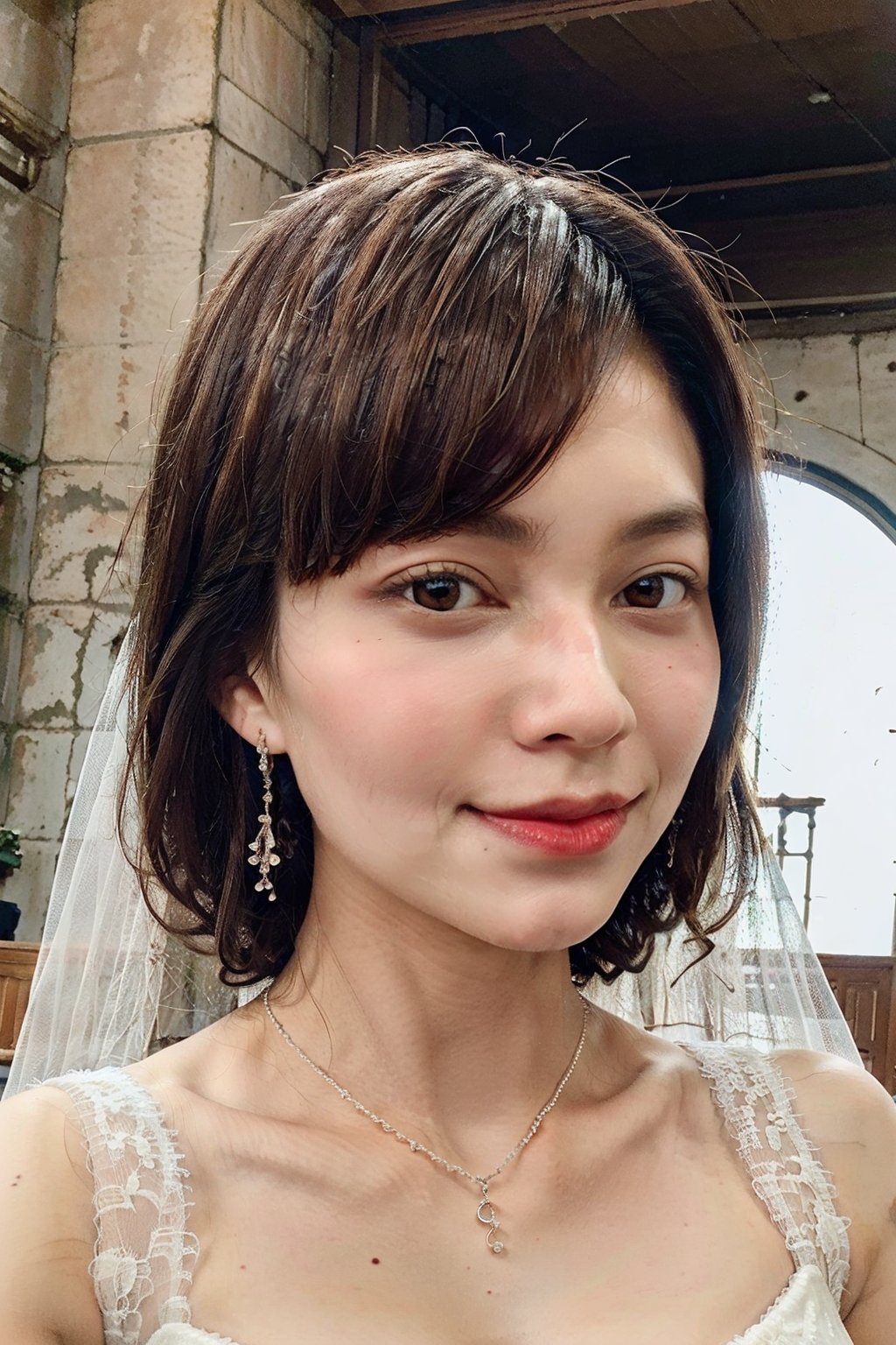 21 years old girl, pure face, little smile, orange lipstick, short curly hair with  bang, hair ornament, veil,  award winning designer wedding gown , short skirt , looking at viewer, [cleavage], necklace, earrings, detailed beautiful catholic church, zeiss lens
,baby