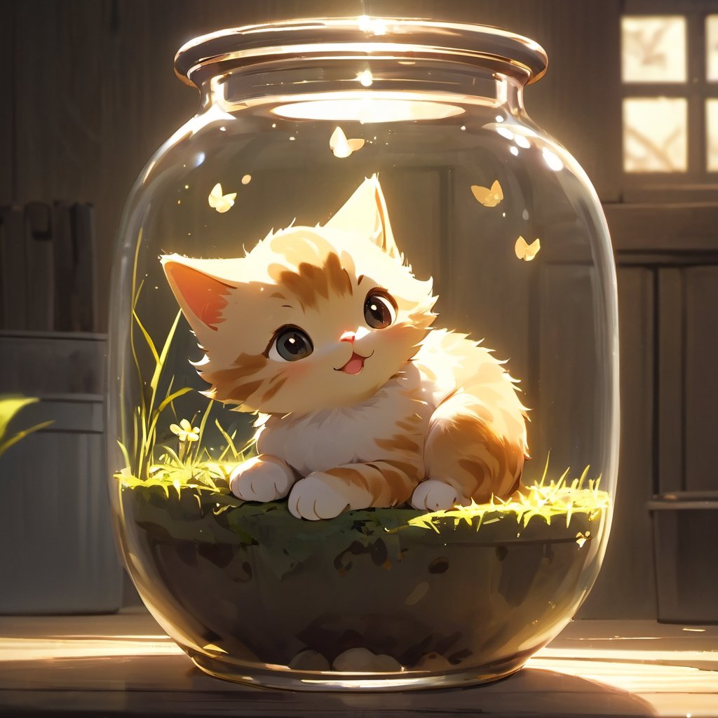 1girl, in a jar, in container, ((A CUTE SMALL CAT)), smile, backyard, scenery, animal,Xxmix_Catecat,weird atmosphere, (best quality:1.1), (masterpiece:1.2), high quality shadow, beautiful detailed, (high detailed skin, skin details), (wide_landscape, 8k), beautiful face, detailed eyes, depth of field, dramatic light, best quality, highres, best shadow, best illumination,