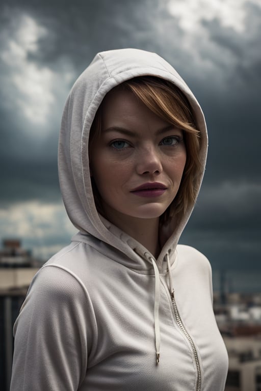 Photorealistic, Emma Stone as Spider-Gwen, hooded, blonde hair, facial portrait, sexy stare, smirked, on top of building, cloudy sky, lightning ,sks woman