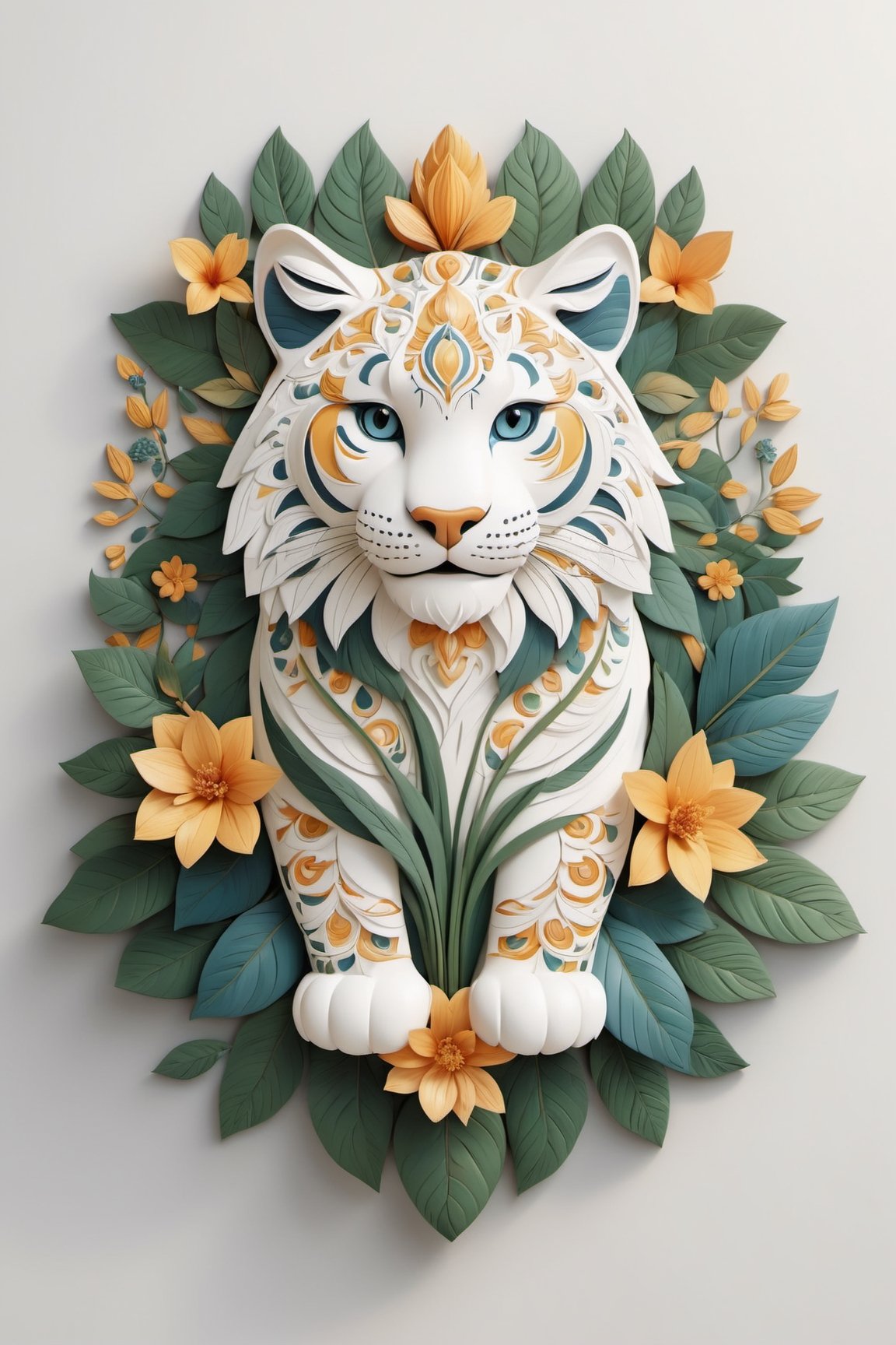 Paint a picture of the perfect balance between art and nature, Incorporate elements like flowers, leaves, animals, big cat smiling, and other natural patterns to create a unique and intricate design, symmetrical,perfect_symmetry,Leonardo Style,oni style, line_art,3d style, white background