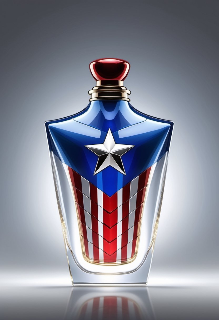 Create an image of a perfume bottle that pays homage to Captain America's role as a leader of the Avengers, with a subtle yet unmistakable logo, reflecting unity and strength.