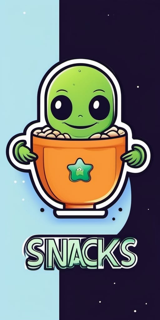 Create a minimalism continues line drawing logo, it has to include an smiling young alien, with a friendly look, with the text "Alien Snacks", cartoon style, vector style., typography