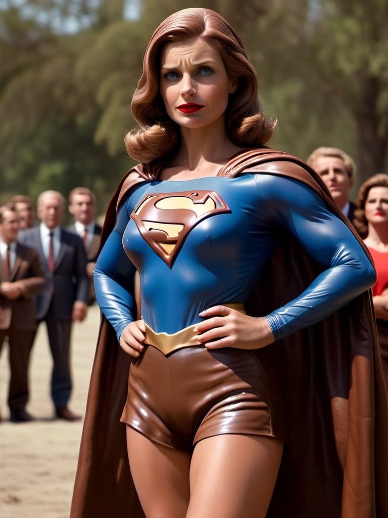 photo, realistic, chocolate female supergirl moves to reassure a worried nation, press conference, 1960s, cold war, paranoia, entire scene made of chocolate   SimplepositiveXLv1 unaestheticXLv13, chocolate
