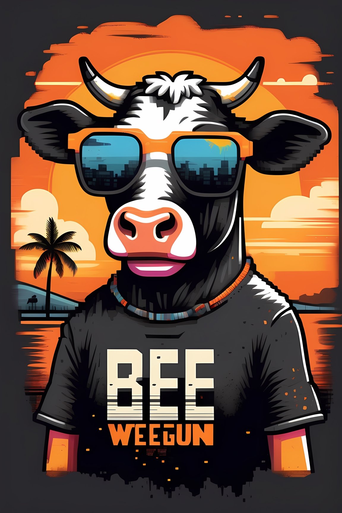 Vector t-shirt design Vintage retro sunset distressed black style design, a cute cow wearing sunglasses, with text “BE WEGUN”, typography, graffiti, 3d render, 4k, CYBERPUNK, ,pixel art