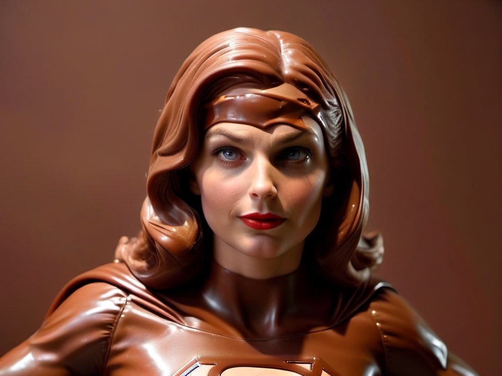 photo, realistic, chocolate female supergirl moves to reassure a worried nation, press conference, 1960s, cold war, paranoia, entire scene made of chocolate   SimplepositiveXLv1 unaestheticXLv13, chocolate
