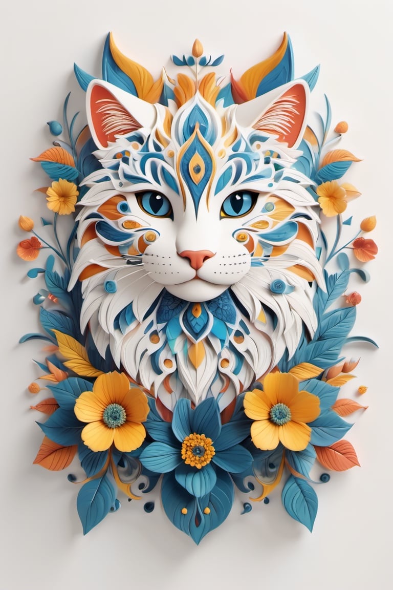 Paint a picture of the perfect balance between art and nature, Incorporate elements like flowers, leaves, animals, Cat smiling, and other natural patterns to create a unique and intricate design, symmetrical,perfect_symmetry,Leonardo Style,oni style, line_art,3d style, white background